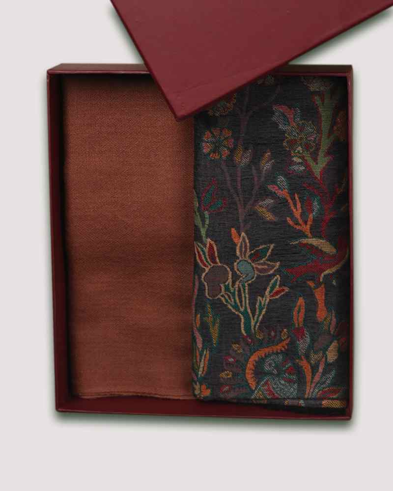 Grey Fine Wool Kani Stole & Brown Fine Wool Diamond Weave Muffler Combo